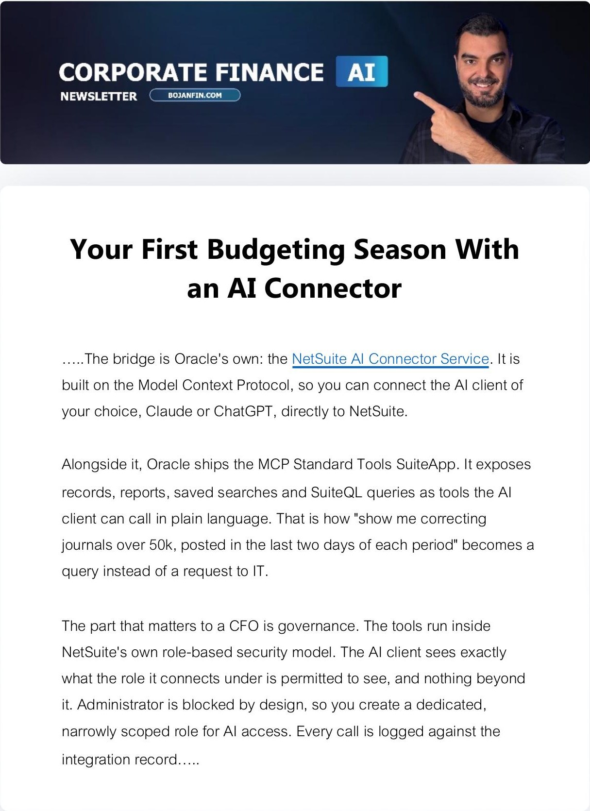Corporate Finance AI newsletter article: Your first budgeting season with an AI connector, featuring the NetSuite AI Connector Service
